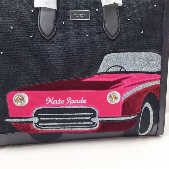 Kate Spade New York Manhattan Black Canvas Car Embellished Large Tote Bag NWT - Picture 3 of 16